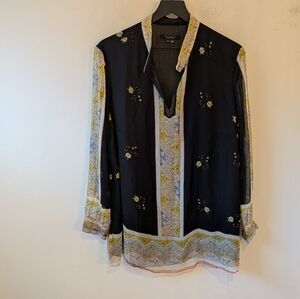 VTG 90s y2k Women's ECI New York 100% Silk Split Neck Boho Beaded Blouse 1X